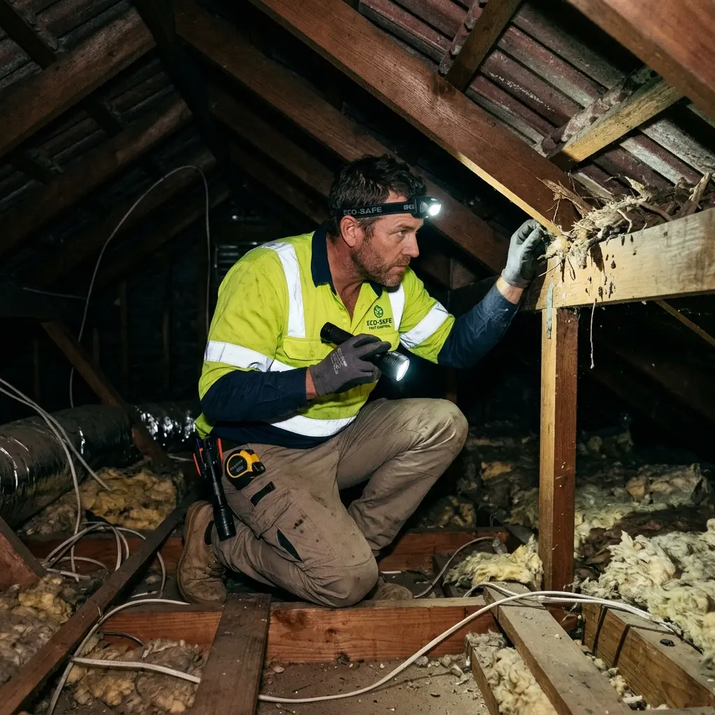 Technician inspecting a roof cavity for a dead animal in Lara