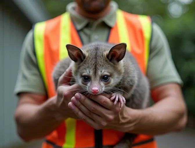 Animal handler safely recovering a deceased possum in Lara